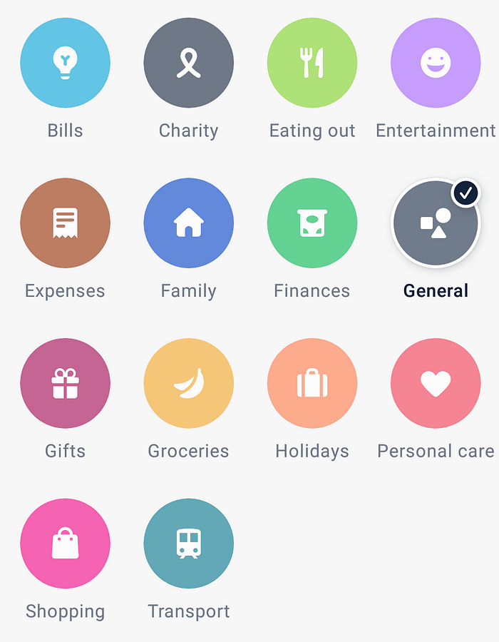 A screenshot of Monzo categories.