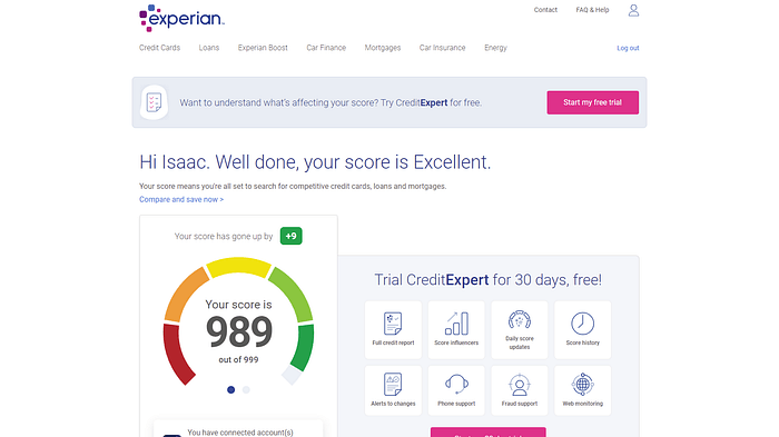 A screenshot of the Experian website showing credit score.