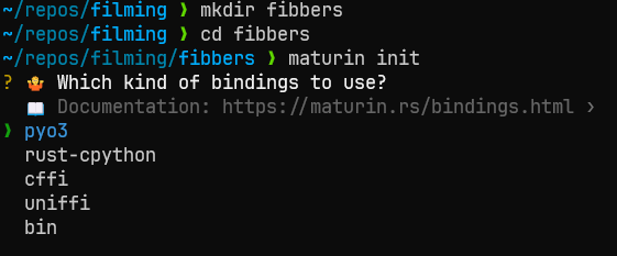 A screenshot of a terminal showing the maturin init command.