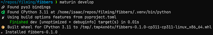 A screenshot of a terminal showing the maturin develop command.