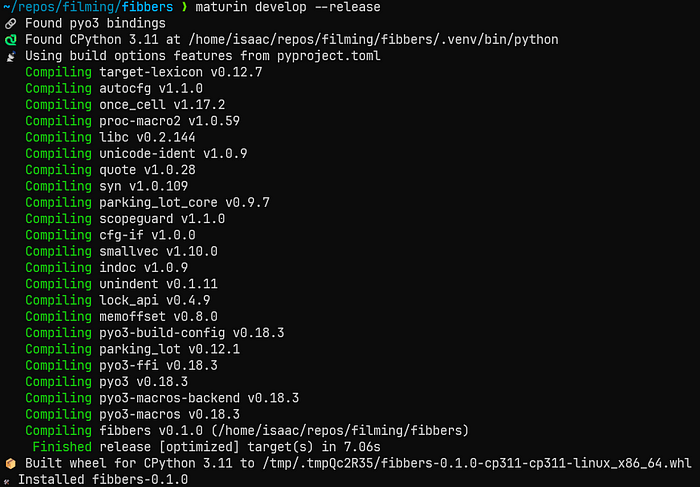 A screenshot of a terminal showing the maturin develop --release command.